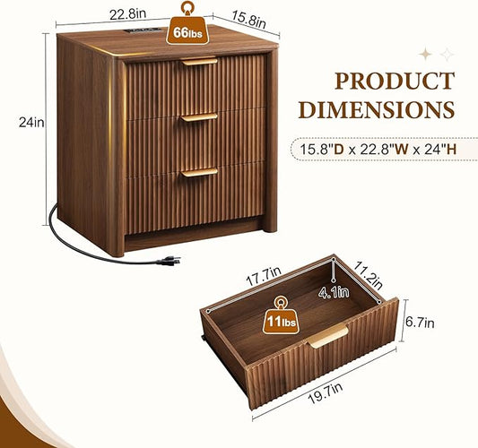 LYNCOHOME 23" Fluted Nightstands Set of 2 with Charging Station, 3 Drawer Bedside Table, Modern Night Stand with Curved Edge, Wooden End Table for Bedroom, Rounded Night Stand with Storage, Walnut