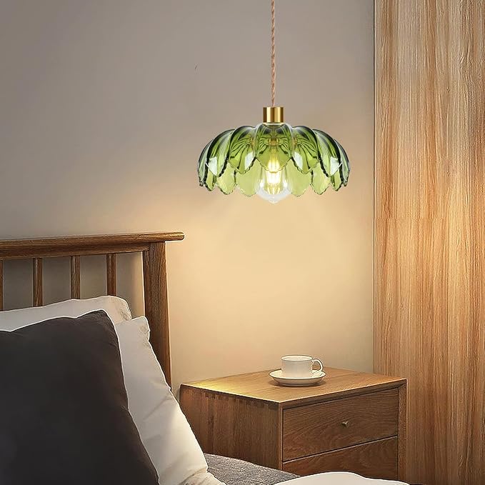 QIYIZM Plug in Pendant Light Hanging Lights with Plug in Cord Boho Hanging Lamp Glass Gold Mid Century Modern Vintage Dimmable Green Flower Plug in Chandelier Ceiling Fixture for Living Room,Kitchen
