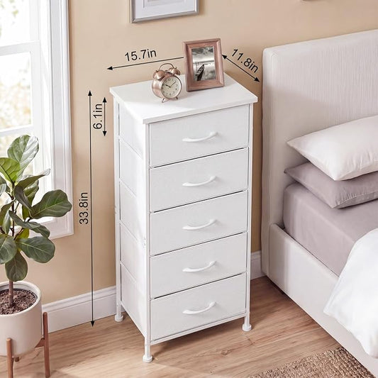 Fixwal White Tall Skinny Dresser for Bedroom, Narrow Storage Dresser Organizer with 5 Fabric Drawers, Nightstand Furniture in Closet, Entryway, Hallway