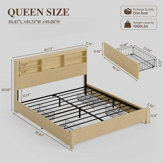 Queen Size Bed Frame and Tall Headboard & Storage, Metal Platform Bed Frame with 4 Storage Drawers, Queen Bed Frame with LED Lights & Charging Ports, No Box Spring Needed, Noise-Free, Natural