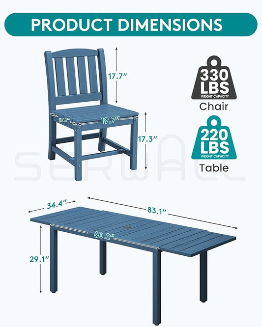 SERWALL 10-Piece Patio Dining Sets with 15FT Patio Umbrella, Blue | 60" - 83" Expandable Outdoor Dining Table and 8 HDPE Chairs, All Weather HDPE Outdoor Furniture Set