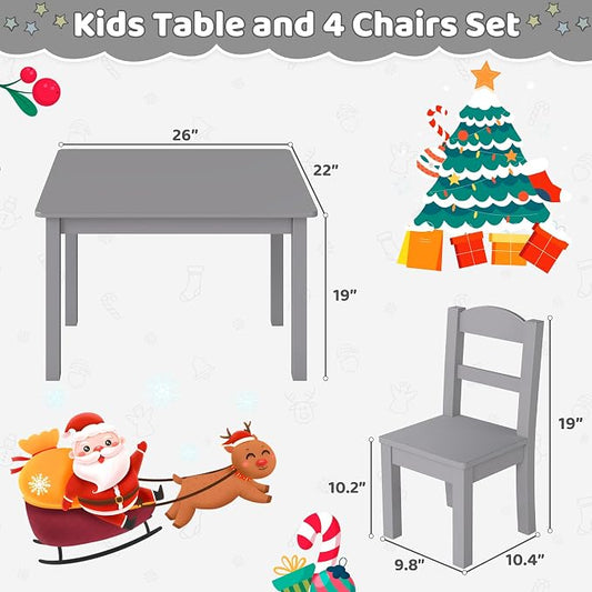 DOREROOM Wooden Kids Table and 4 Chairs, Multi-Activity Toddler Table and Chairs Set, Kids Table and Chairs Set for Arts, Crafts and Snack Time, Toddler Activity Table and Chairs for Age 3-8 (Gray)