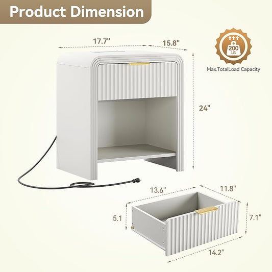 Decofy Fluted Nightstand with Charging Station, Modern Bedroom Side Table with Gold Handles, Curved Profile Design, End Table Wood Organizer for Bedroom, Open Shelf & 1 Drawers (2 Pack, Pure White)