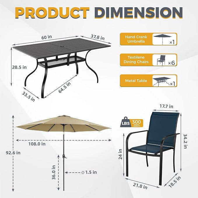 SUNCROWN 8 - Piece Outdoor Dining Set, Patio Furniture Set with 6 Textilene Dinning Chairs, 1 Rectangle Metal Table and 1 Brown 9Ft Patio Umbrella for Lawn Garden Backyard Deck, Blue
