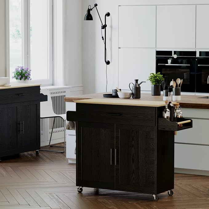 IRONCK Rolling Kitchen Island Table on Wheels with Drop Leaf, Storage Cabinet, Drawer, Spice/Towel Rack, Kitchen Cart, 47.25" Wide Black