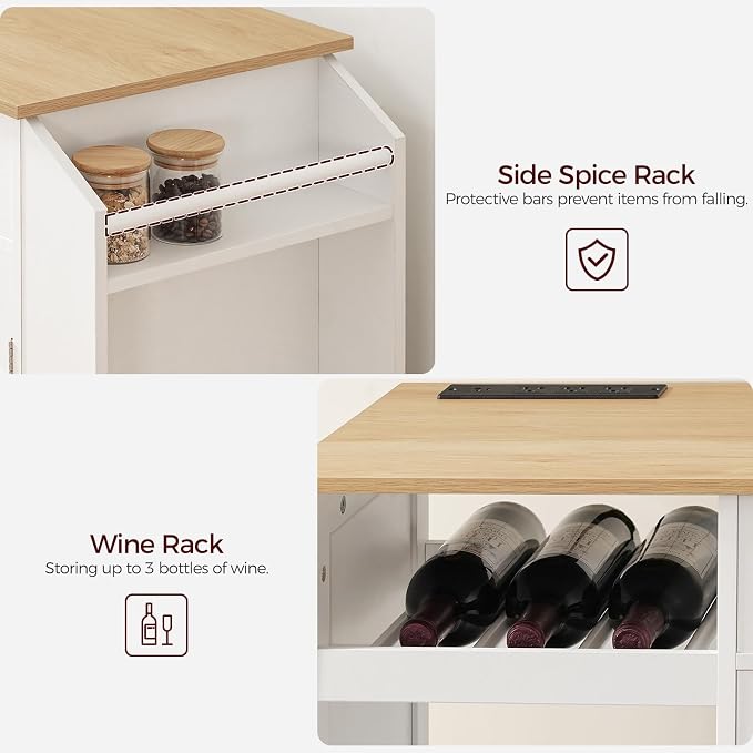 MAHANCRIS Kitchen Island with Power Outlet, Kitchen Storage Island with Drawer, Rolling Kitchen Cart on Wheels, Spice Rack, Towel Rack, Wine Rack, for Dining Room, White and Natural KINW122E01N1