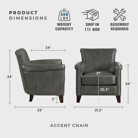 Lexicon 100% Top Grain Genuine Leather Chair, Leather Accent Chairs for Living Room, Solid Wood Frame, Rolled Armrest & Nailhead Trim, Comfy Reading for Bedroom, Office, Waiting Room, Gray