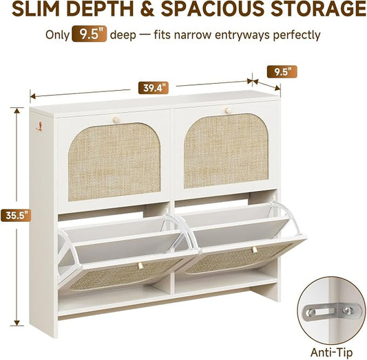 Nicetree Freestanding Ultra Slim Arched Rattan Accent Shoe Storage Cabinet for Entryway - 4 Flip Drawers & 3-Tier Adjustable Shelves, Farmhouse Modern Rustic Shoe Rack for Hallway Foyer,Cloud White