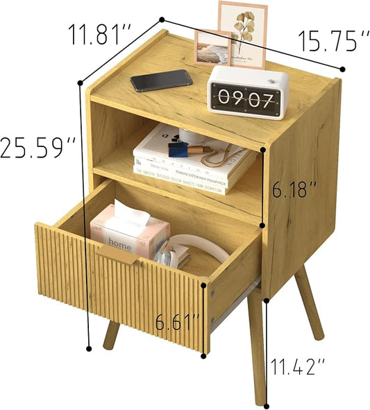 JOONEE Nightstand,Modern Bedside Table with Storage Drawer and Open Wood Shelf, for Living Room, Bedroom and Small Spaces, Accent Night Stand with Solid Wood Legs, Easy Assembly,Vintage Yellow Oak