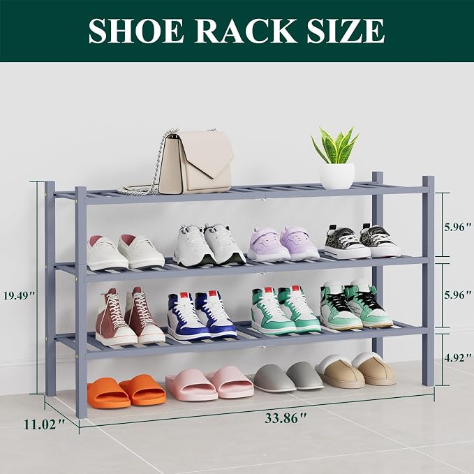 Smiry Long Bamboo Shoe Rack, 3 Tier Free Standing Wooden Shoe Organizer, Stackable Wood Shoe Storage Shelf for Closet, Entryway, 14 Vertical Slats, 2+1 Stack Heavy-Duty Legs, 33.7"x11"x19.5", Grey