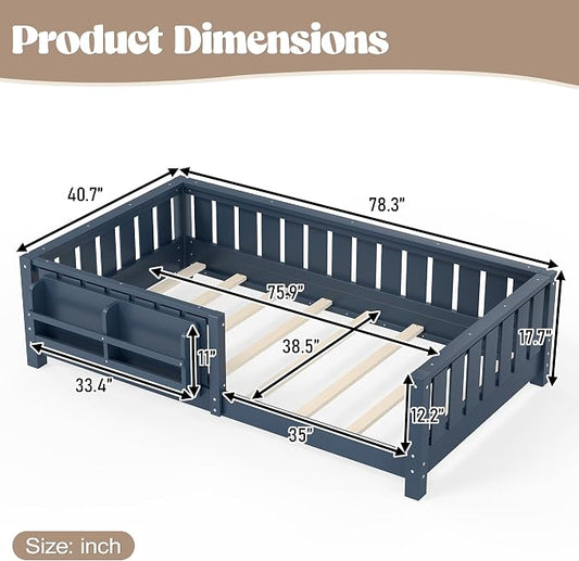Bellemave Twin Size Montessori Floor Bed with Slats and Fence, Twin Size Montessori Bed with Rails and Bookcase, Easy Assemble Floor Beds Frame, Blue