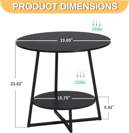 D&H FURNIMMT 20" Living Room Side Table for Small Spaces, 2 Tier Wood Top Round End Tables with Storage Shelf, Accent Sofa Table for Bedroom, Office, Sunroom, Balcony, Black