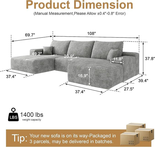 AUGOP 108" Sectional Couches for Living Room Modern Modular Sofa with L-Shape Couchs Upholstered Boneless Couch Deep Seat Sectional Couch with Chaise (Grey, Left Facing Chaise+2Seaters+1Ottoman)