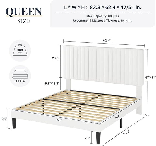 Allewie Queen Bed Frame, Velvet Upholstered Platform Bed with Adjustable Vertical Channel Tufted Headboard, Mattress Foundation with Strong Wooden Slats, Box Spring Optional, Easy Assembly, Off-White