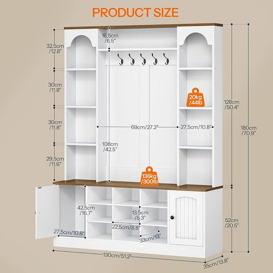 HOOBRO Hall Tree with Bench and Shoe Storage, 51" Entryway Bench with Coat Rack, Farmhouse Entryway Organizer with 5 Hooks, 8 Open Compartments, 9 Shoe Cubbies, for Hallway, White and Walnut WH180MT01