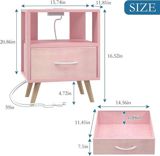 Huhote Kids Nightstand, 2-Tier Night Stand with Charging Station and Drawer, Modern Side Table for Bedroom, Study Room Small Spaces, Pink