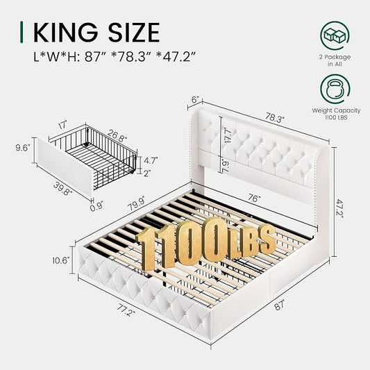 LARMACE King Size Bed Frame with 4 Storage Drawers and 47.2" Tall Wingback Headboard Velvet Upholstered Platform Bed Frame Tufted Beds with Wooden Slats Support, Easy Assembly, White
