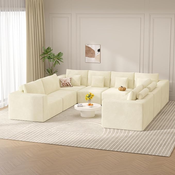 Modern U Shaped Modular Sectional Sofa, Convertible Oversized Cloud Couches for Living Room, Comfy 8 Seater Corduroy Boneless Couch Sofa Set, No Assembly Required, Beige 1 PCS