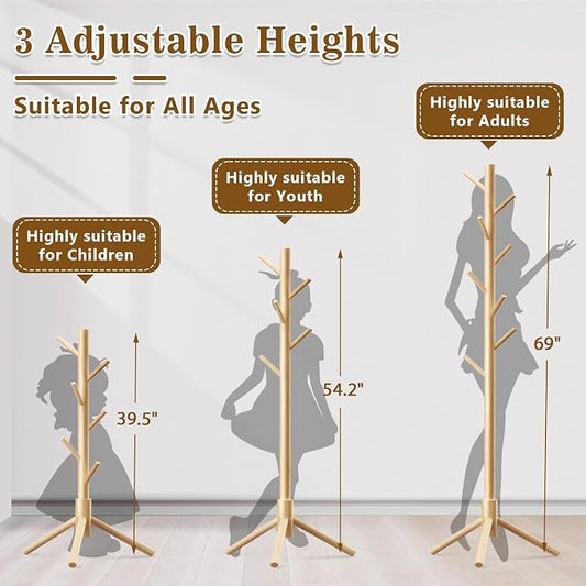 Wooden Coat Rack Freestanding with 8 Hooks,Easy Assembly New Zealand Pine Tree Coat Racks, 3 Adjustable Sizes for Clothes, Hats, Bags, for Entryway, Hallway, Bedroom, Office (Natural, 2PCS)