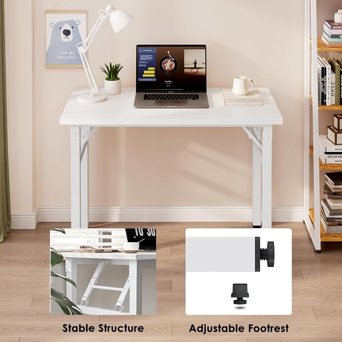 Need 35.8 Inch Folding Desk for Small Spaces, Home Office Computer Desk with Wood Top & Black Frame, Foldable Writing Table for Study, Bedroom, Dorm Room & Student, White
