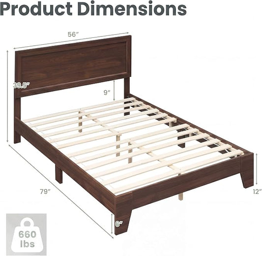 Giantex Full Size Wooden Bed Frame with Headboard, Wood Slat Support | Modern Platform Bed with Heavy Duty Mattress Foundation, Under-Bed Storage, No Box Spring Needed, Easy Assembly (Walnut)