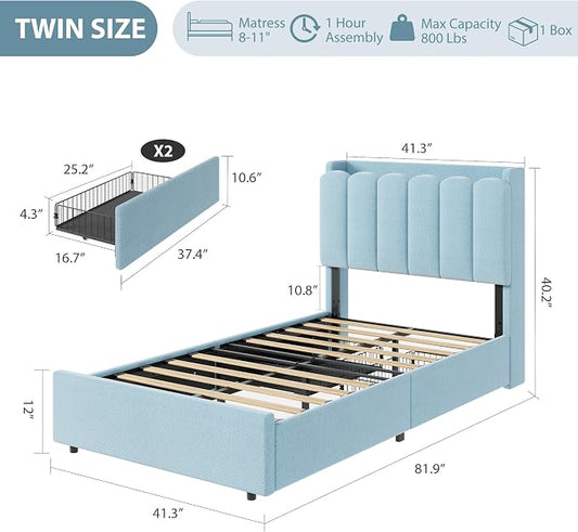 Garvee LED Twin Size Bed Frame with Storage Headboard, Kids Bed Frame with 2 Drawers, Boucle Upholstered Platform Bed for Girls, Chic Wavy Headboard with Bookcase, No Box Spring Needed, Blue