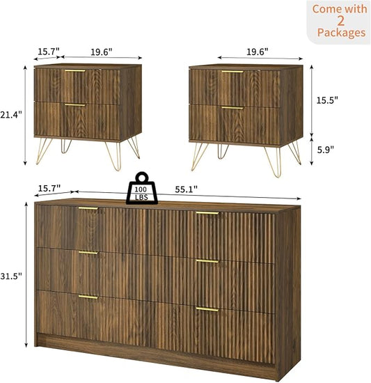 Walnut Dresser and Nightstand Sets, 6 Drawer Dresser Set for Bedroom 3 Piece, 55” Wide Fluted Wood Dressers W/Metal Handle & Night Stand Set of 2, Modern Bedroom Furniture Sets, Walnut
