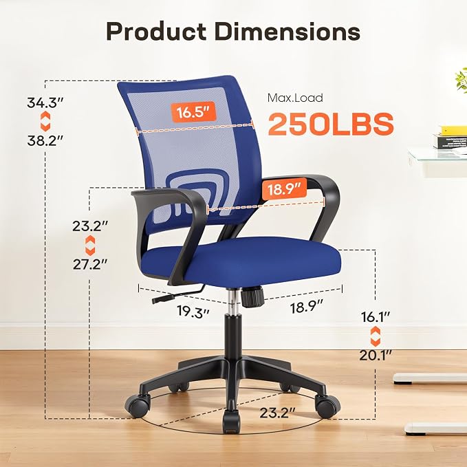BestOffice | Ergonomic Office Chair | Mid-Back Swivel Desk Chair | Breathable Backrest & Lumbar Support | Adjustable Height | Sponge Seat | Rolling Wheels | Blue | for Adults & Women