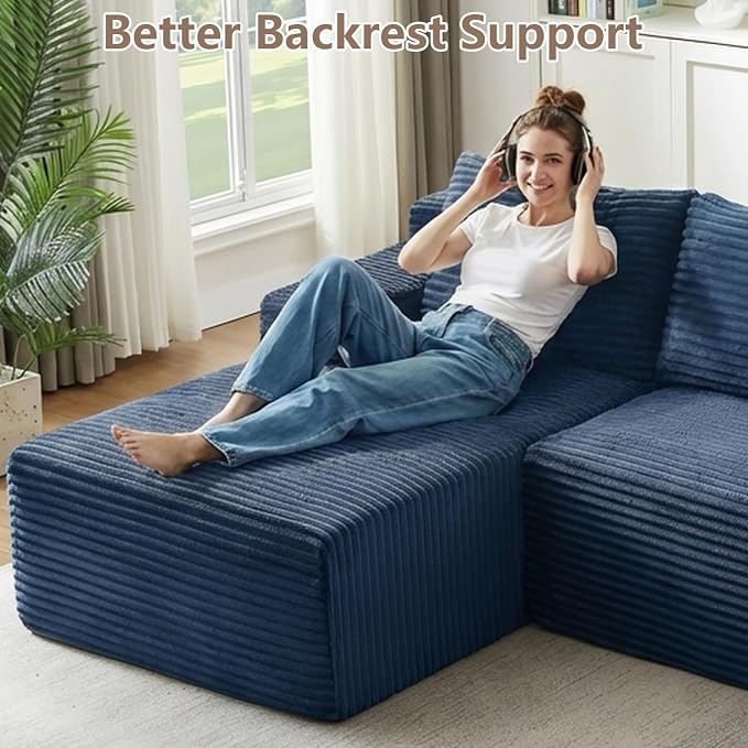 96" Cloud Sectional Couch with L-Shape Chaise, Modular Comfy Sofa Chaise Longue, Upholstered Corduroy Couches Sleeper with Deep Seat for Living Room Bedroom, No Assembly Required(Blue, Left Facing)