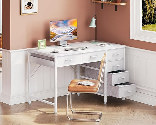 Casaottima 40 Inch Small Computer Desk with 6 Drawers, Reversible Storage Desk for Home Office, Work Study Table for Bedroom, White