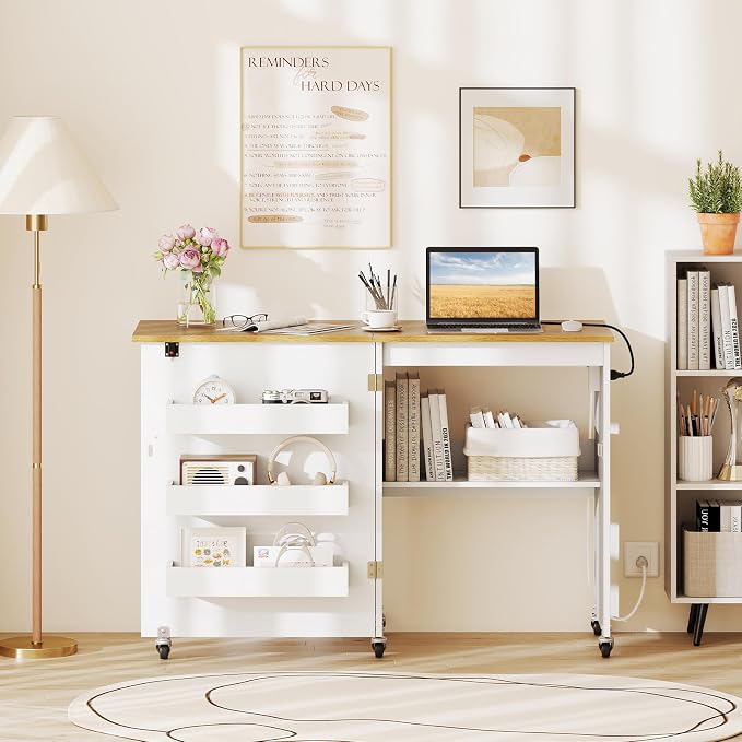 Giantex Folding Sewing Table with Charging Station, Rolling Craft Table with Storage Trays & Shelf, Foldable Sewing Machine Cabinet Desk with Lockable Wheels for Small Spaces (White & Natural)