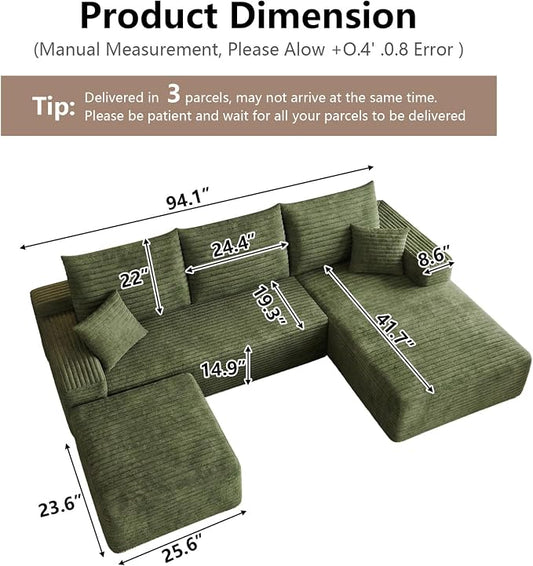 95" Cloud Sectional Couch U-Shaped Chaise with Ottoman, Corduroy Boneless Couch for Living Room Bedroom, Deep-Seat Upholstered Modular Cloud Sofa, No Assembly Required (Green, Right Facing Chaise)