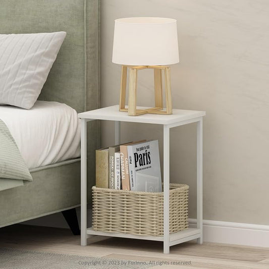 Furinno Simplistic Side Table, 2-Tier Metal Frame Modern End Table with Open Shelf, Night Stand, Bedside Table, for Living Room, Bedroom, White