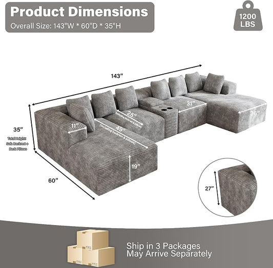 143" Oversized U Shaped Cloud Sectional Couches for Living Room, Comfy Fluffy Corduroy Grey Boneless Couch, Large Modular Sectional Sofa Set with Chaise, Cup Holder, USB Port, Storage Console