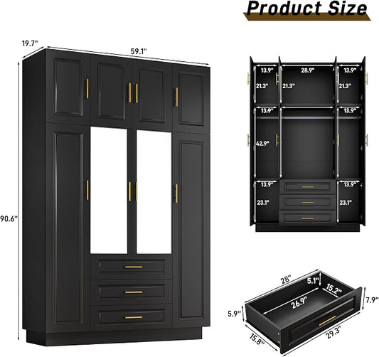 Hlivelood Large Armoire Wardrobe Closet Cabinet with Drawers and LED Lights, Multi-Tier Shelves, Hanging Rod, Large Capacity Storage 4 Door Wardrobe Armoire with Top Cabinet for Bedroom, Black