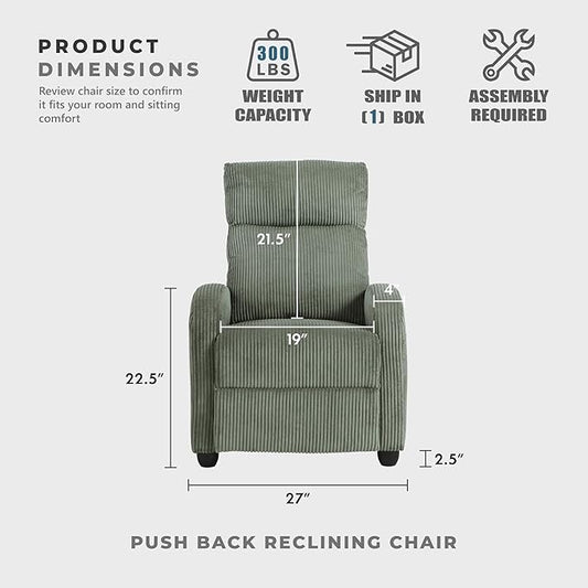 Lexicon Corduroy Pushback Recliner Chair Armchair Push Back Recliner, Solid Wood Frame and Metal Seat Base, Soft Single Sofa Accent Chair for Living Room/Office/Apartment, Easy Assembly, Green