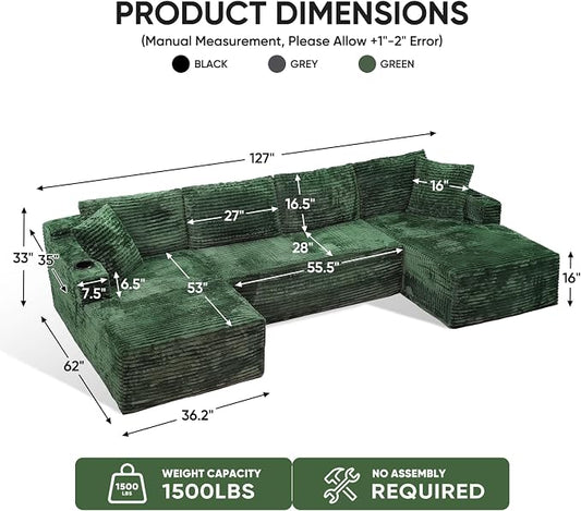 Boneless Couch, 127" Sofas for Living Room, U Shaped Couch with Chaise | Sectional Sofa, Cloud Couch Sectional with Cup Holders and Storage, Cloud Sofa with Deep Seat, Green, Corduroy, No Assembly