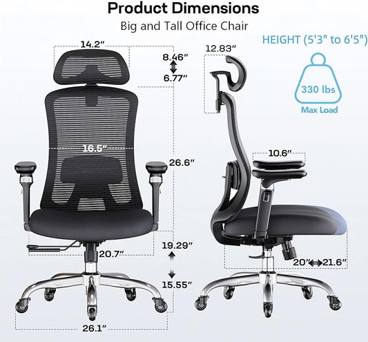 Marsail Ergonomic Office Chair with 6D Armrests, Ergonomic Chair with 3D Adjustable Headrest, Slide Seat, Lumbar Support, and 4-Position Tilt Lock – Big and Tall Office Chair with 330 lbs Capacity