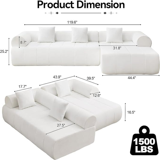 119'' Curved Boneless Sofa Couch, 3 Seat Cloud L Shaped Deep Seat Couches for Living Room, No Assembly Modular Sofa with Right Chaise Lounge, White