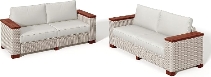 PaPaJet 4-Piece Wicker Patio Furniture Set with Solid Wood Armrest, Outdoor Patio Set with Thick Legs, UV-Resistant Modular Outdoor Sectional Sofa for Backyard, Porch, Garden