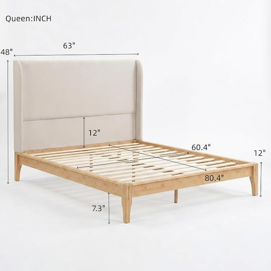 Merax Bamboo Wood 12 Inch Platform Bed with 48" Upholstered High Headboard | Queen Size Bed Frame with Wood Slat Support, No Box Spring Needed, Easy Tool-Free Assembly, Beige+ Natural