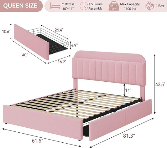 IDEALHOUSE Queen Bed Frame with 2 Flexible Drawers and Bookcase Headboard, Boucle Upholstered Platform Bed for Boys/Girls, Noise-Free, Easy Assembly, No Box Spring Needed, Pink