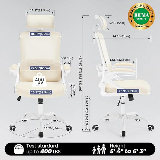 Fizzin Ergonomic Office Chair, 400 LBS Computer Chairs with Adjustable Lumbar Support, Breathable Mesh Desk Chair Ergonomic with Thickened Cushion, Comfy Home Office Desk Chair (Buff Beige)