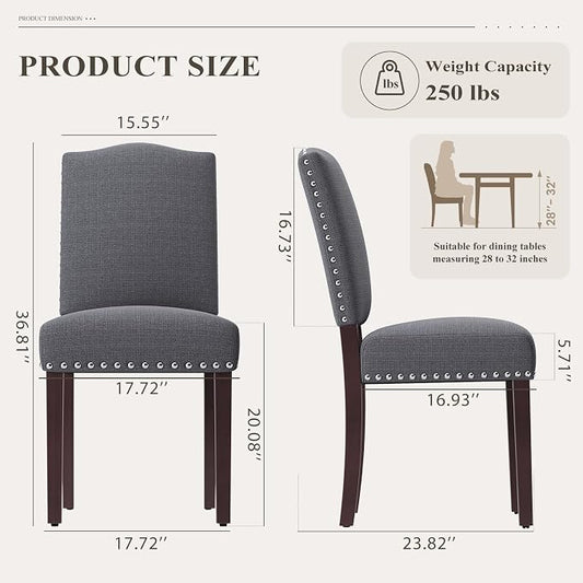 Upholstered Parsons Dining Chairs Set of 2, Modern Dining Room Chairs with Back, Fabric Kitchen Side Chairs with Wood Legs, Nailhead Trim for Dinner Farmhouse Restaurant, Darkgrey