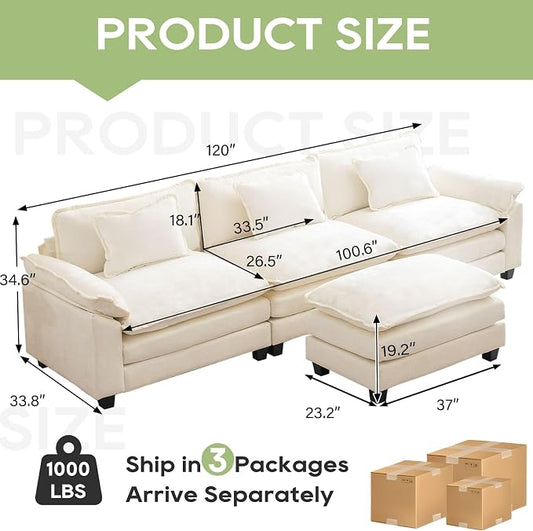 Oprisen 120" Modular Sectional Sofa, Comfy Cloud Couch Sectional Sofa with Ottoman, Chenille Sofa Sleeper Deep Seat Sofa with Throw Pillows for Living Room (Beige White, 120"- L Shape)