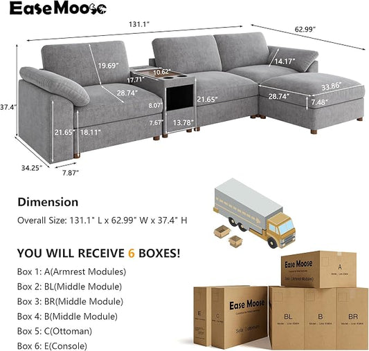 EASE MOOSE Oversized L Shape Sectional Sofa, Grey