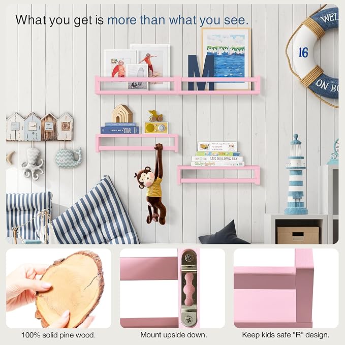 Forbena Pink Nursery Floating Shelves for Wall, Small Kids Wall Bookshelf for Baby Toddler Girls Room, Wood Nursery Hanging Book Shelves for Childrens Bedroom Toys Storage Organizer (Set of 4, Pink)