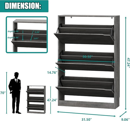 Xixini Shoe Storage Cabinet for Entryway with 3 Flip Drawers, Sturdy Wood Hidden Shoe Storage, Freestanding Narrow Slim Shoe Organizer for Front Door Entrance, Living Room, Hallway, Bedroom, Grey