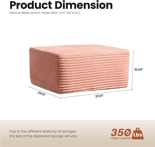 ovios 37" Plush Corduroy Ottoman, Upholstered Cloud Ottoman for Boneless Couch in a Box, Modular Sectional Couches for Living Room Bedroom, Compressed Memory Foam, No Assembly Require, Pink