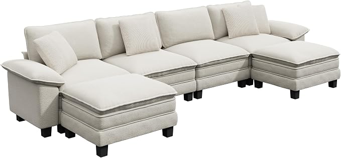 PHI VILLA Cloud Modular Couch Sets, 157.5" Oversized Sectional Sofa with U-Shaped Chaise, 6-Seater Couches with Movable Ottomans for Living Room, Chenille Beige